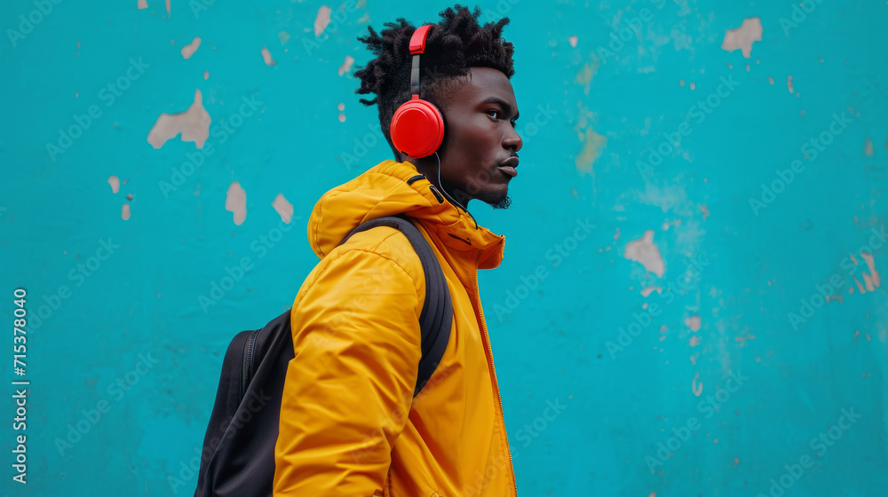 urban young man with headphones on blue wall urban young man with headphones on blue wall