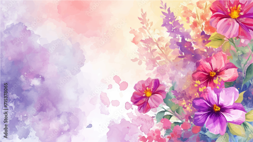 Watercolor floral background with pink and purple flowers, vector illustration.
