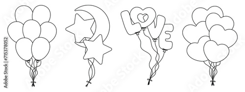 Line set of balloons isolated on transparent background. Coloring book for children's. Line Art Design. Soft line. Print it and bring it to Life with Color. Vector illustration