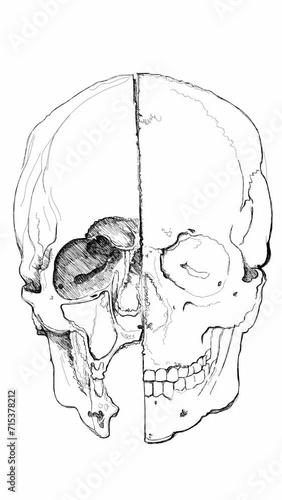 Skull. Section. Based on drawing of Leonardo da Vinci. Black and white hand draw time lapse linear sketch art photo