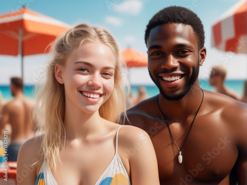 Portrait of happy young multiethnic couple in swimsuits standing on the beach