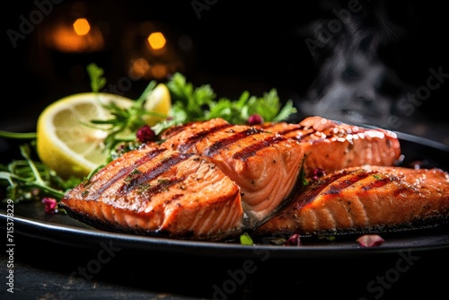 Grilled salmon delicious food plate barbecued seafood close up