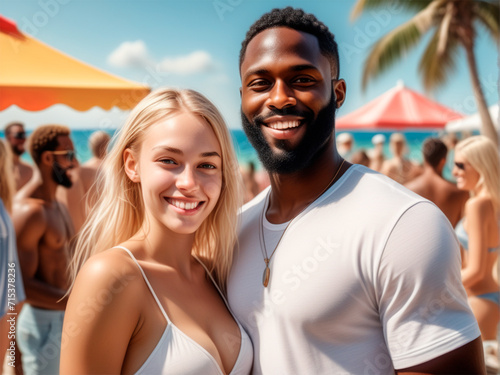 A black boy and a blonde girl enjoy the beach party