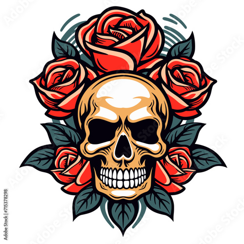 Flat Color 1940s Tattoo Roses & Skull: Kid-Friendly Stencil Mascot Logo Vector