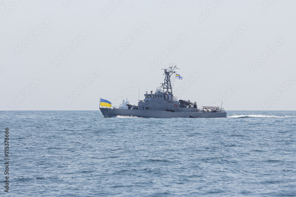 A military ship of the Naval Forces of Ukraine at a military parade in the city of Odesa. Ukraine. August 24, 2021 A military ship of the Naval Forces of Ukraine at a military parade in the city of Odesa. Ukraine. August 24, 2021