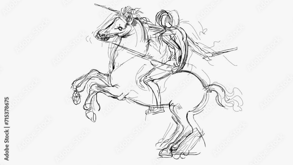 Horse and Rider. Based on drawing of Leonardo da Vinci. Black and white hand draw time lapse linear sketch art Horse and Rider. Based on drawing of Leonardo da Vinci. Black and white hand draw time lapse linear sketch art