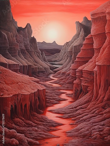 Crimson Badlands Scenes - Desert meets the Sea: Captivating Beach Painting