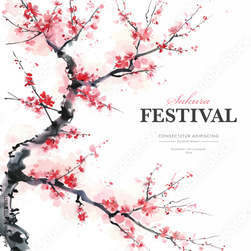 Watercolor vector landscape of cherry blossoms