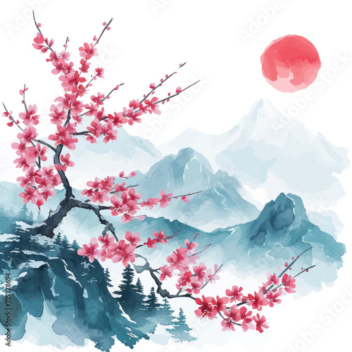 Watercolor vector landscape of cherry blossoms