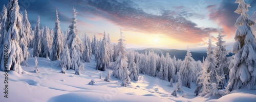 snowy mountain landscape with snowy fir trees