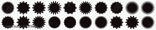 20 Set of black price sticker, sale or discount sticker, sunburst badges icon. Stars shape with different number of rays.Special offer price tag. Black starburst promotional badge set, shopping labels