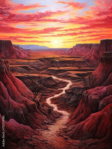 Crimson Badlands Scenes: Fiery Sunset Painting in Barren Hues © Michael