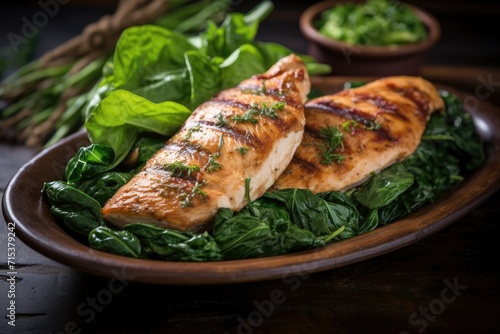 Healthy dinner grilled chicken with sauteed spinach