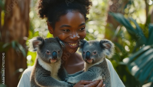 A young woman with Koala in wildlife.