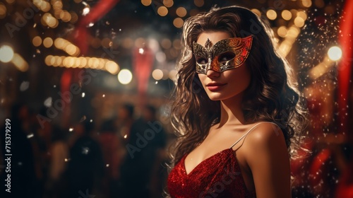 Beauty model woman wearing venetian masquerade carnival mask at party over holiday dark background with magic stars. Christmas and New Year celebration photo