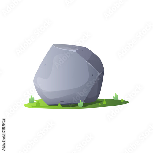Stone rock on the lawn, rock and debris of the mountain, huge stone block round shape, vector grey boulder for gui game