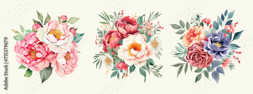 Watercolor floral spring bouquets set. Hand drawn vector illustration.