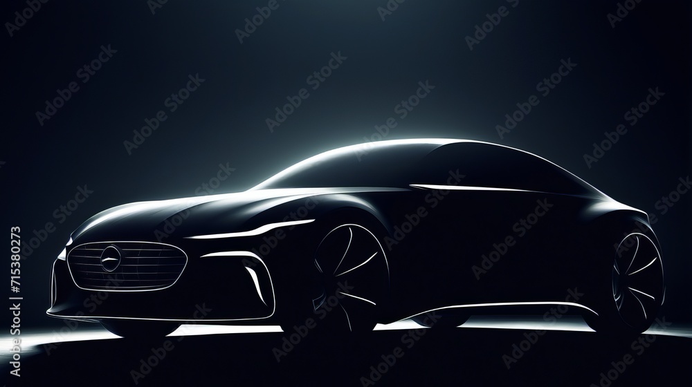 Silhouette of Sleek, Modern Electric Car Illuminated Against Dark Background, Highlighting Futuristic Design and Smooth Curves