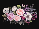 Beautiful watercolor floral composition on a black background. Hand-drawn illustration.