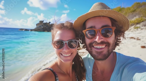 couple making selfie on vacation on idyllic caribbean beach photo
