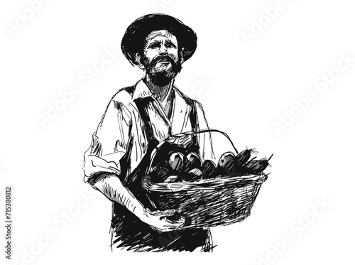 Grabado ilustración de un campesino con una cesta