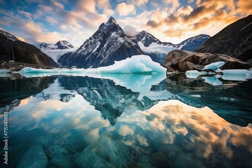  a large iceberg in the middle of a body of water with mountains in the background and clouds in the sky.