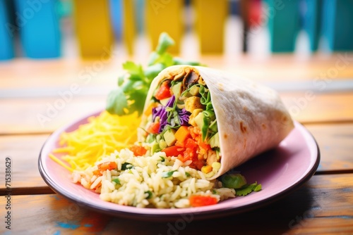 colorful rice and vegetable mix inside a burrito
