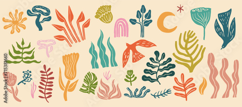 Colorful abstract sea floral fauna shapes and elements against beige background. Modern figures bird moon leaves plant oval spiral flower  and other primitive elements. Swiss design aesthetic