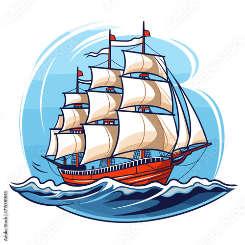 Flat Color 1940s Tattoo Sailing Vessel Crashing Waves: Kid-Friendly Stencil Mascot Logo Vector