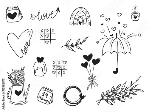 Set of Valentines day concept drawings - rainbow with hearts, calendar, 14th February, candle, continuous line heart, kettle with flowers, abstract branch with leaves, tic-tac-toe, umbrella rain.