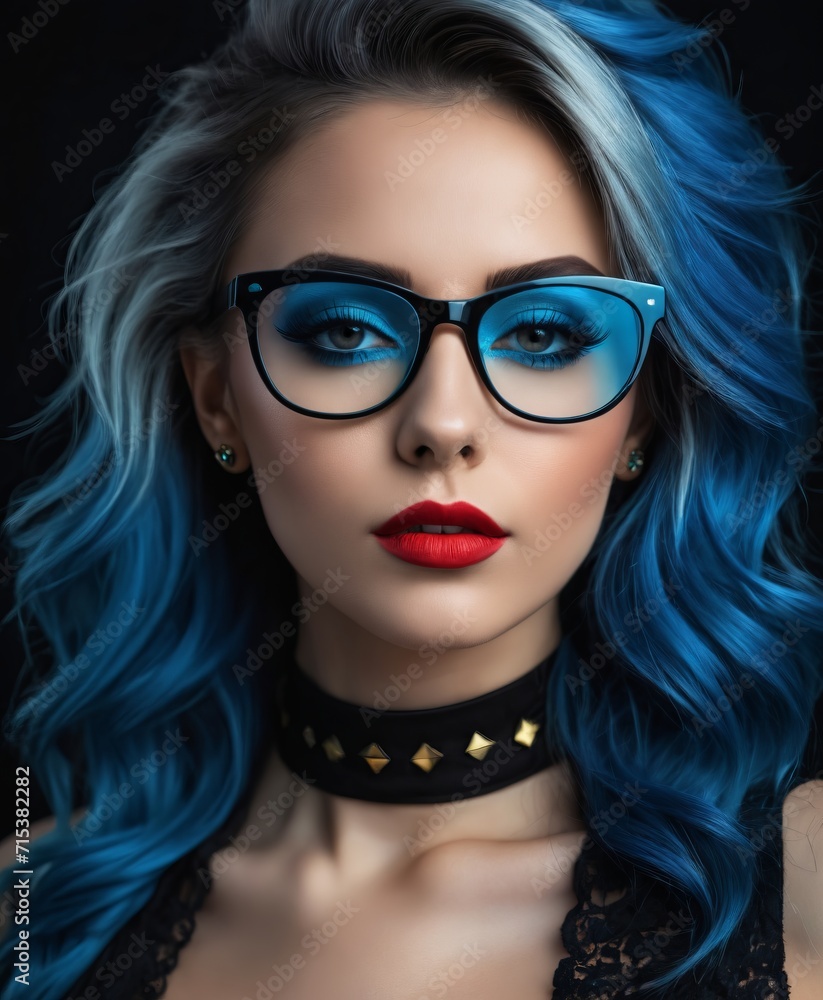 portrait photo of a beautiful Russian woman with blue hair and glasses on her face, wearing black lipstick