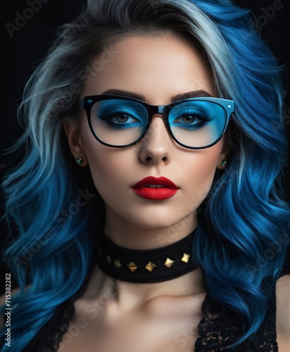 portrait photo of a beautiful Russian woman with blue hair and glasses on her face, wearing black lipstick