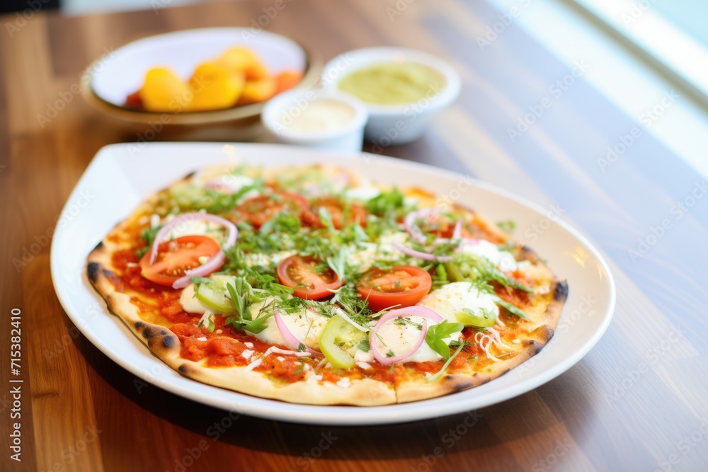 naan pizza with tomato sauce and toppings, ready to eat