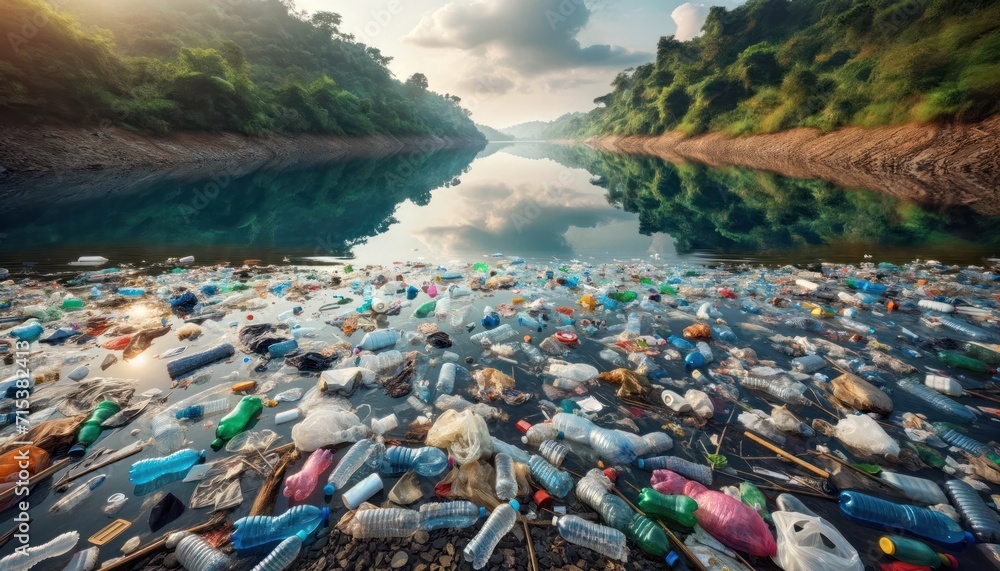 A serene river landscape marred by a foreground of numerous plastic bottles and assorted trash, reflecting the urgent issue of water pollution