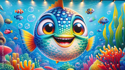 A vibrant, animated mural depicting an exuberant giant fish surrounded by a variety of smaller fish and underwater flora, all rendered in a playful and colorful style. photo