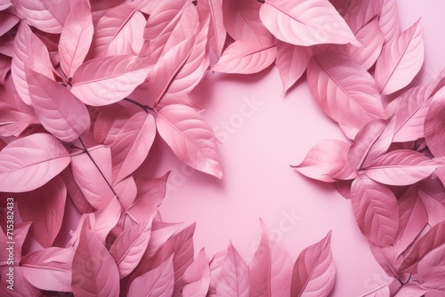  a bunch of pink leaves are arranged in a circle on a pink background with space for a text or image. © Nadia