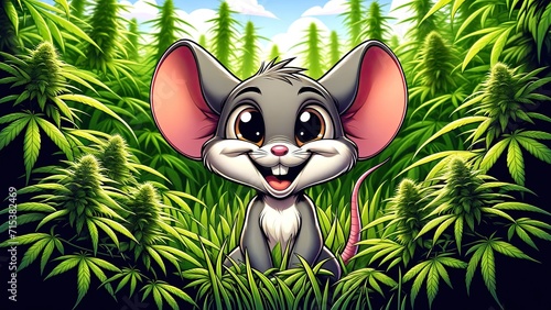 An animated mouse with an exuberant smile, surrounded by lush cannabis plants