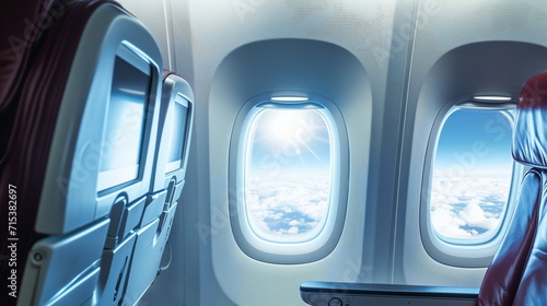 Airplane window seen from inside an airplane. Generative AI