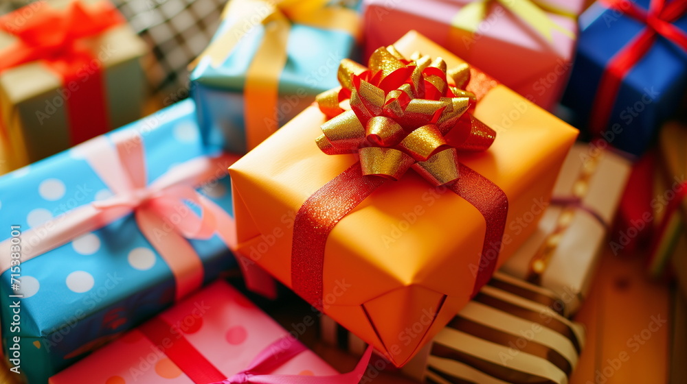 A pile of presents wrapped in colorful paper - Generative AI A pile of presents wrapped in colorful paper - Generative AI