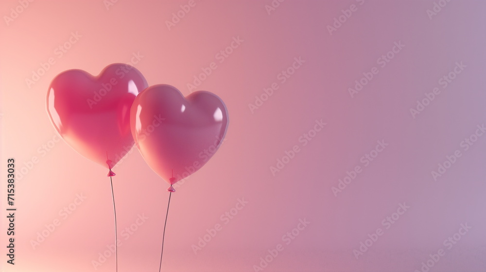 Imagine a clean and sophisticated Valentine's Day sale illustration. Showcase a pair of heart-shaped balloons in a minimalist environment, bathed in soft, ambient light, copy space - Generative AI