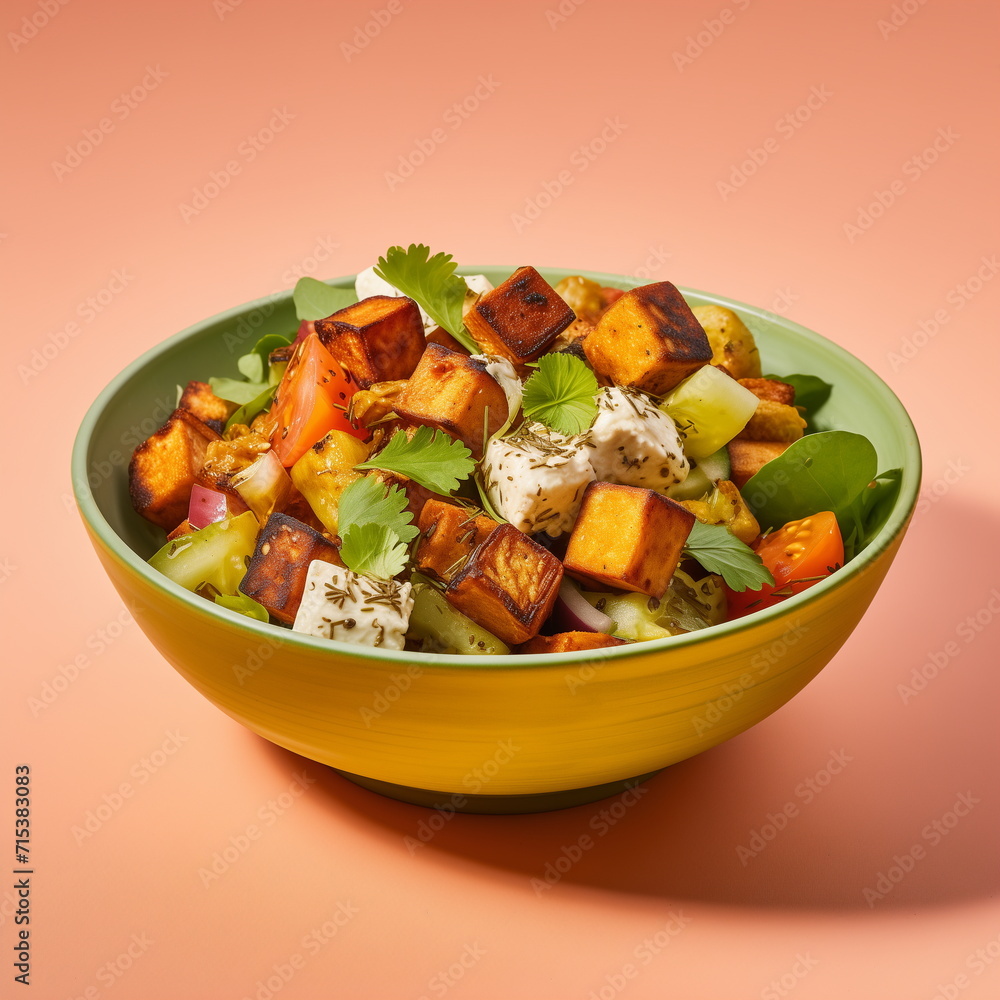 Photo of a bowl containing paneer tikka salad. Primary color background studio shooting photo. Generative AI Photo of a bowl containing paneer tikka salad. Primary color background studio shooting photo. Generative AI
