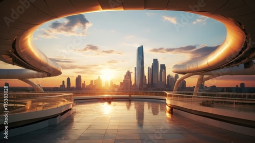  the sun is setting over a cityscape as seen through a circular opening in the roof of a building. photo