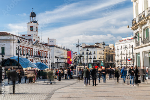 The populated Puerta del Sol plaza in Madrid Downtown. January 2024. Long exposure shot