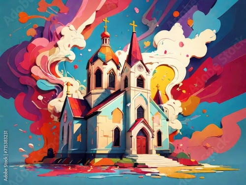 church with dominant colorfull background