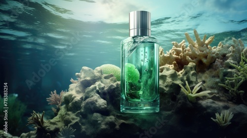 Perfume bottle amidst coral reef underwater scene. Product presentation and advertising.