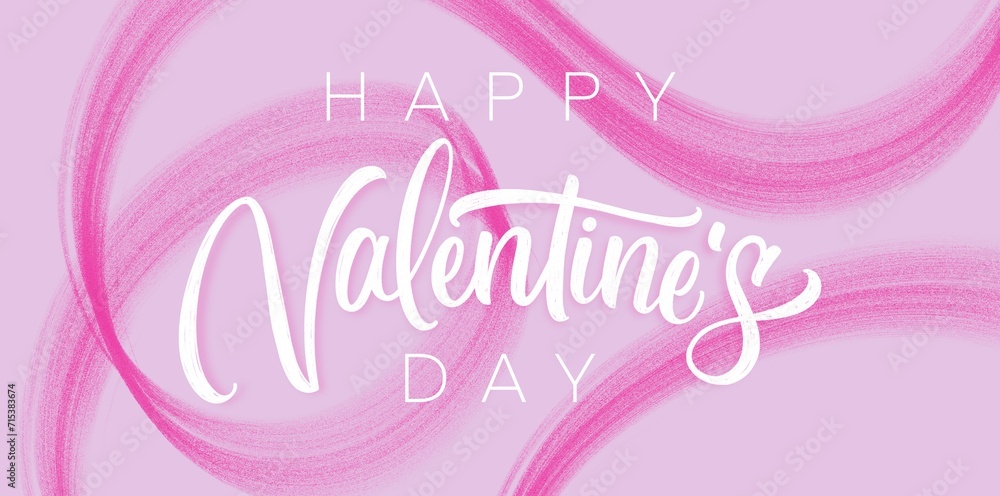 Happy Valentine's Day Hand Lettering Card Banner with Abstract Modern Pink Background