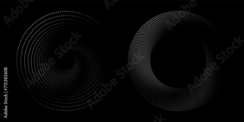 Halftone circular dotted frames set. Circle dots texture isolated on white background. Spotted spray texture. Vector abstract design element spiral circle sound wave vector dots circle
