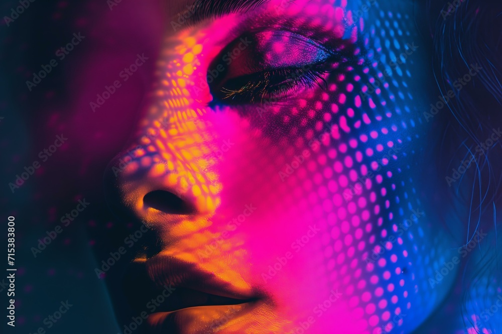 Fototapeta premium simple minimalist pixels and dots contrast woman face, neon colors
