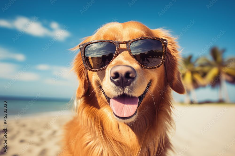 Cute happy brown Golden Retriever wearing sunglasses on the beach in Sun shine day