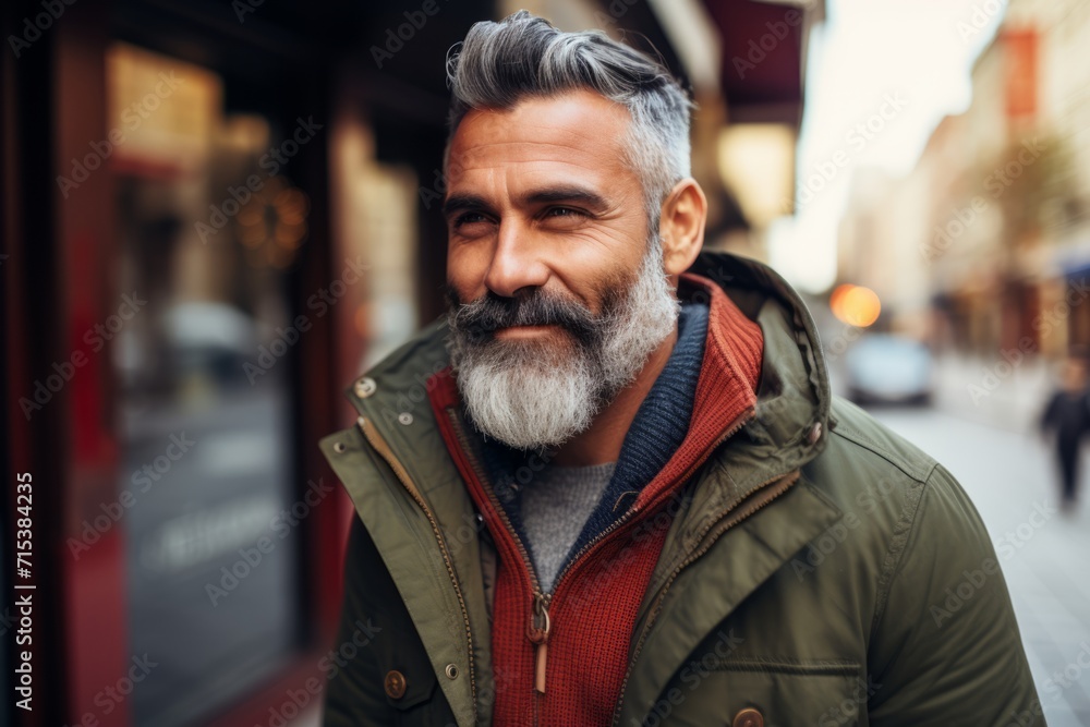 Portrait of a handsome middle-aged man with gray beard and mustache in a green jacket on a city street.
